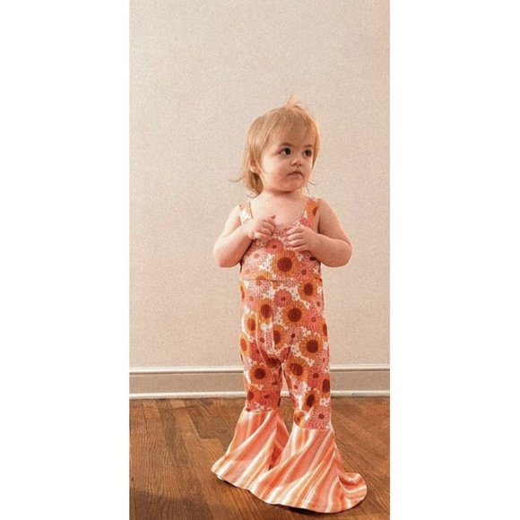 Groovy Jumpsuit Floral Birthday Outfit Clothes Easter Romper Retro Bell Bottom - Picture 3 of 7